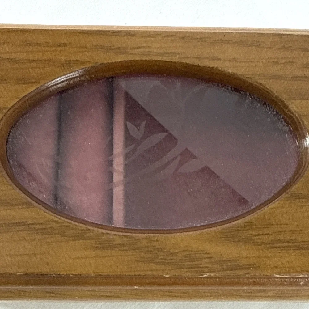 Vintage Small Wooden Jewelry Box Etched Flower Design Oval Glass Top Pink Velvet